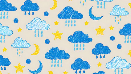 Whimsical Hand-Drawn Cloud and Celestial Pattern – Playful Stars, Moons, and Rain on Beige Background