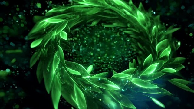 Circular design of glowing green leaves