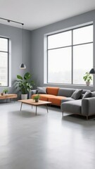 Fototapeta premium Modern Living Room with Gray and Orange Sofa, Large Windows, and Minimalist Decor