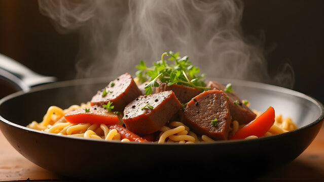 Tasty beef stew with steam on a frying pan ready to be served for family dinner