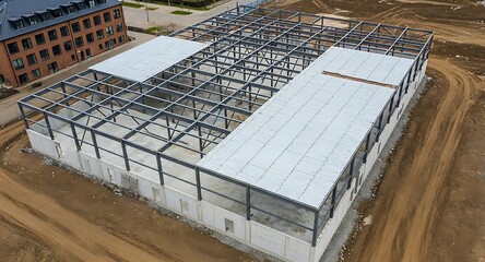 Steel Structure Construction Aerial View of New Building Project Development Foundation and Metal Framework Elements Composition on a Cloudy Day