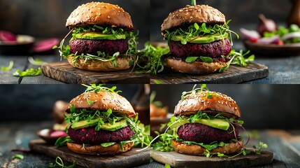 Four variations of a beet burger, each on a toasted bun with fresh greens and avocado
