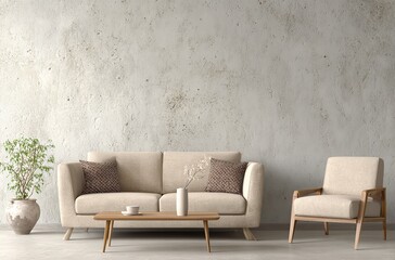 Modern living room interior design with sofa chair coffee table and plant in neutral color scheme