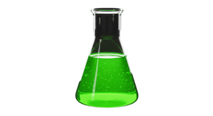 Green liquid in erlenmeyer flask science experiment chemistry research lab equipment laboratory glassware on transparent background