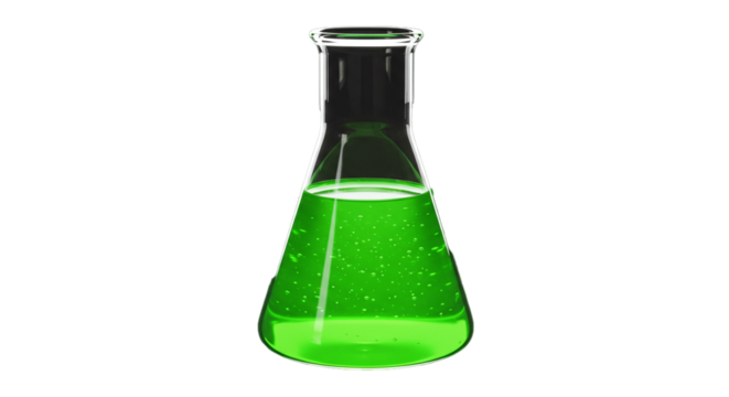 Green liquid in erlenmeyer flask science experiment chemistry research lab equipment laboratory glassware on transparent background - Powered by Adobe