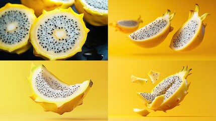 Yellow pitaya segments, close-up and dynamic composition