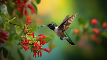 Naklejka premium Brightly colored bird in flight, captured close to a nectar-rich flower, showcasing the beauty of pollination in action.
