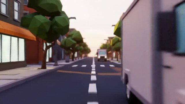 Colorful low poly city street scene with truck and trees