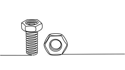 Continuous Line Drawing Bolt and Nut on a Horizontal Line