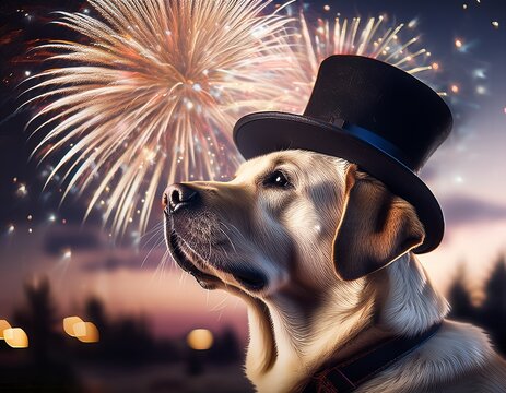 a labrador retriever with a top hat looking at fireworks in the sky