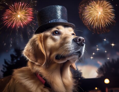 a golden retriever with a top hat looking at fireworks in the sky