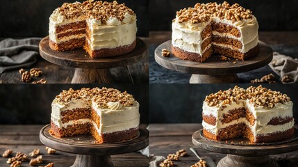 Four angles of a layered walnut cake, showcasing its creamy frosting and sliced interior