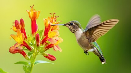 Fototapeta premium Close-up of a hummingbird hovering next to a vibrant flower, wings blurred in motion as it reaches for nectar against a soft green background.