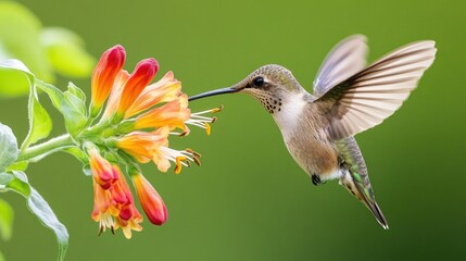 Fototapeta premium Close-up of a hummingbird hovering next to a vibrant flower, wings blurred in motion as it reaches for nectar against a soft green background.
