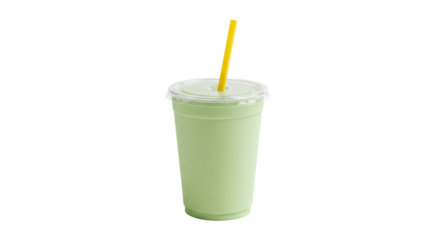 Green smoothie healthy drink with straw in plastic cup isolated on white background for diet and nutrition on transparent background