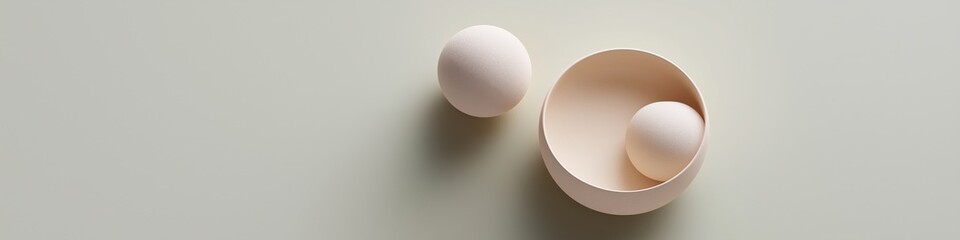 Minimalist still life with spheres and bowl in soft pastel colors