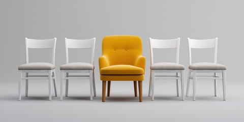 Fototapeta premium Yellow armchair amidst white chairs in minimalist setting