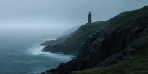 Moody coastal scene with lighthouse on cliffside during foggy day