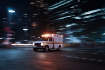 Ambulance speeding through city street at night with blurred city lights