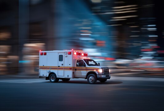 Fototapeta Emergency ambulance speeding through city streets at night with blurred lights