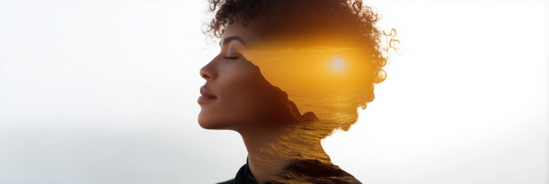 Serene young african female with ocean sunset silhouette