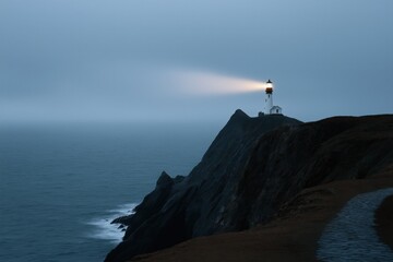 Lighthouse illuminating rocky cliff overlooking the ocean at dusk
