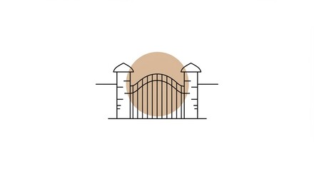 Minimalist Wrought Iron Gate Icon with Beige Circle.