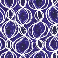 Abstract seamless pattern with hand drawn waves, arches, feathers. Blue, white circles.