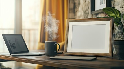Empty picture frame with a white mat, on a rich brown wooden table, next to a laptop and a steaming coffee mug.