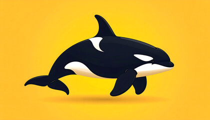 Obraz premium Cartoon Orca Whale Illustration, Jumping, Yellow Background, Vector Graphic