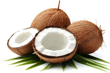 Group of Whole and Halved Coconuts with Green Fronds on a White Background
