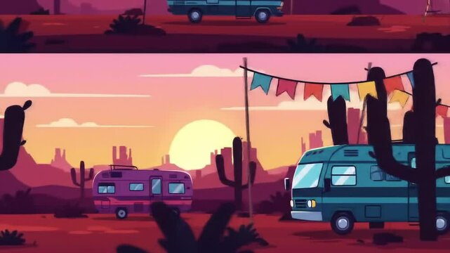 Desert landscape with vintage camper vans flat design travel illustration