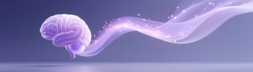 Obraz premium A glowing purple brain emits a flowing, sparkling wave symbolizing thought, creativity, and neural energy on a soft gradient background.