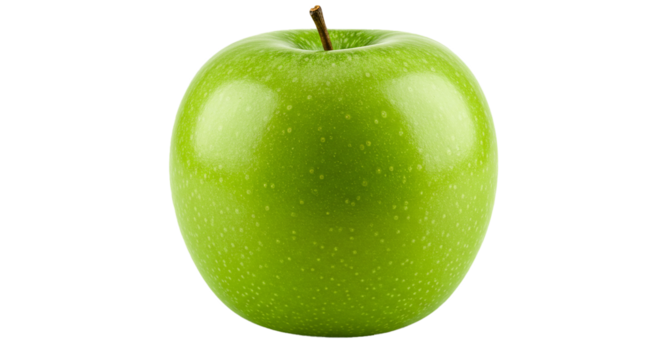 Stock photo of a fresh green granny smith apple for healthy eating and organic food product photography on transparent background