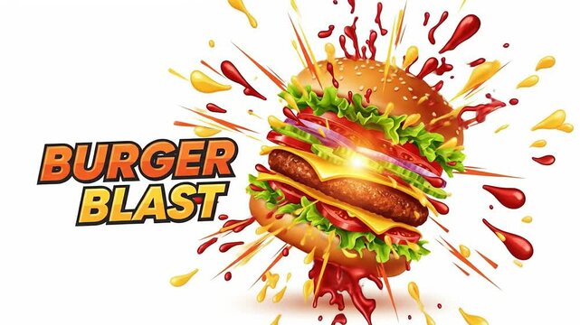 Detailed vector illustration of an exploding burger with splash of condiments for commercial use