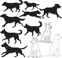 Dog Silhouettes – Solid Black & Outline Vector Set
