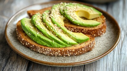 Fresh avocado toast served on a ceramic plate, topped with sliced avocado and sprinkled with sesame seeds, against a rustic wooden background.