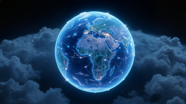 A view of Earth from above It is lit up by lights all over and some constellations are visible in the sky behind it