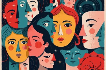 Vibrant Colorful Abstract Faces Diverse Women Portraits Modern Art