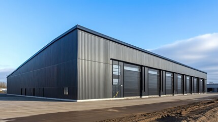 Obraz premium Functional aluminium buildings with vented metal roofing and industrial skylights, designed for manufacturing.