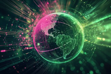 Obraz premium Digital representation of the earth, with glowing lines and dots.