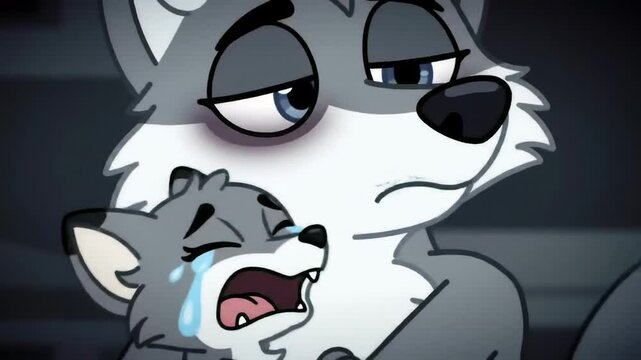 Digital illustration of a caring gray wolf embracing a distressed gray fox character