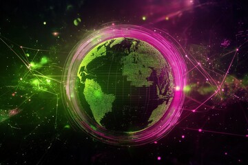 Obraz premium Digital representation of the world globe with glowing lines and dots.