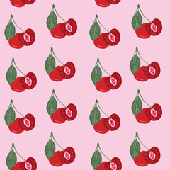 Seamless pattern with Cherry with outlines female labia. Vulva