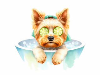 A charming Yorkshire Terrier hides in a bathtub filled with fluffy bubbles, with only its adorable ears peeking out from under a towel.