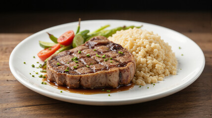 A wellcooked steak with veggies and rice
