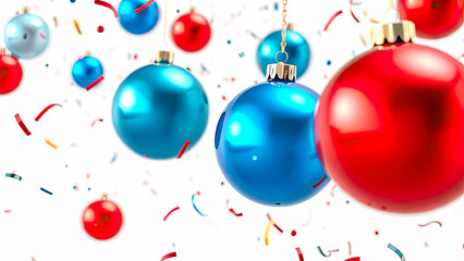 A collection of vibrant Christmas ornaments in red, blue, purple, and silver, suspended from strings with confetti floating around. The festive scene captures holiday cheer and seasonal joy,