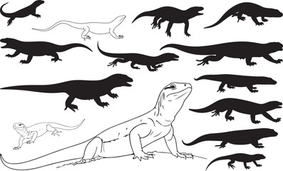 Goanna Silhouettes – Solid Black & Outline Vector Set