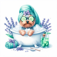 A charming Yorkshire Terrier hides in a bathtub filled with fluffy bubbles, with only its adorable ears peeking out from under a towel.
