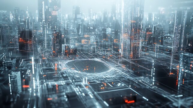Aerial View of Futuristic Cityscape with Glowing Digital Network